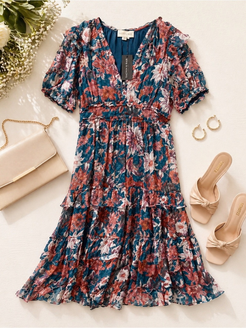 NWT Sachin + Babi Veronica Sz 8 Dress Teal  & Guava Floral Chiffon Ruffle V-Neck